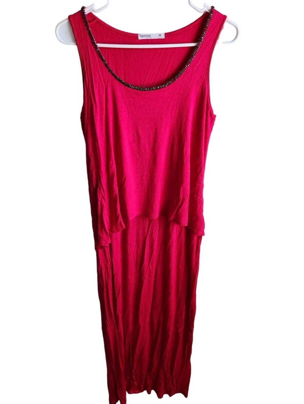 Femme by Tresics Sz M Maxi Dress Bright Pink Beaded Neckline Jersey Knit